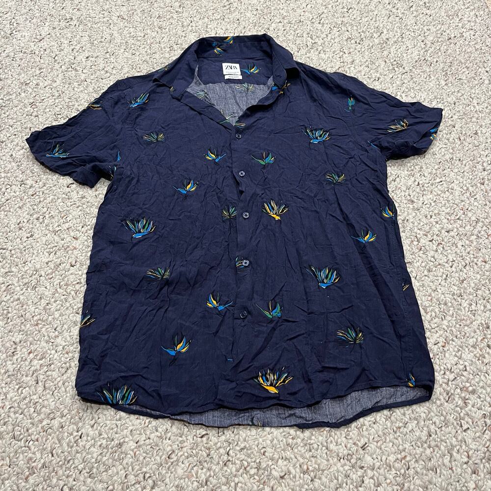 Zara Mens Short Sleeve Button Down Shirt M Leaf Print Tropical Coastal PReppy
